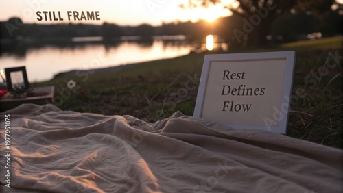Serene Sunlit Evening by the Lake with Inspirational Quote and Cozy Blanket on Natural Setting