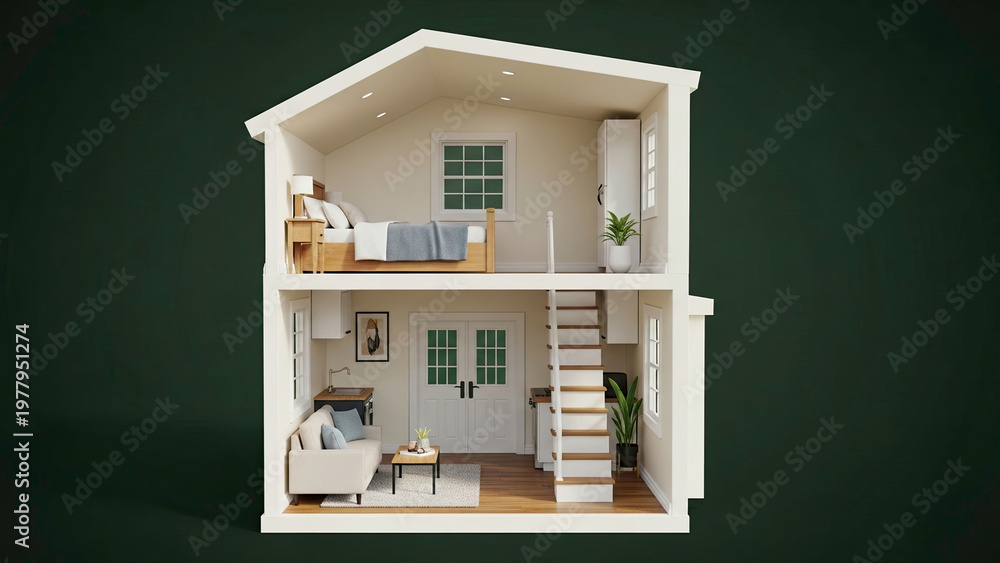 Fototapeta premium Cross-section of a miniature house with interior details and design, isolated.