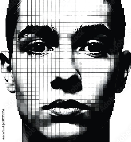 Pixelated Man Face Close-up on White Background