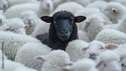 A single black sheep stands out prominently among a dense flock of white sheep.