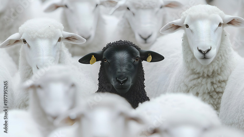 A single black sheep stands out prominently among a dense flock of white sheep.