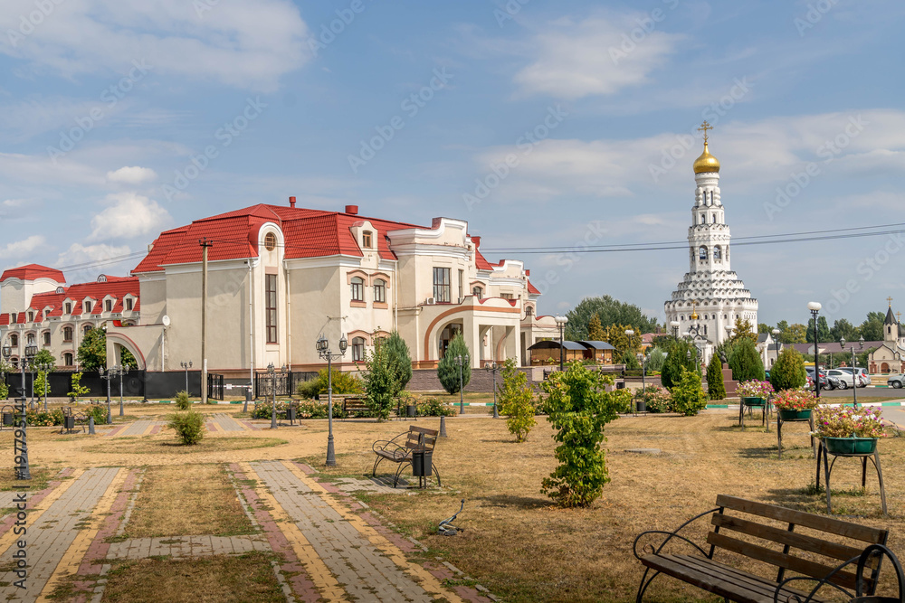 Obraz premium Christian chapel in Prokhorovka, Belgorod oblast of Russia, commemorating Russian soldiers died in Kursk tank battle during World War. 