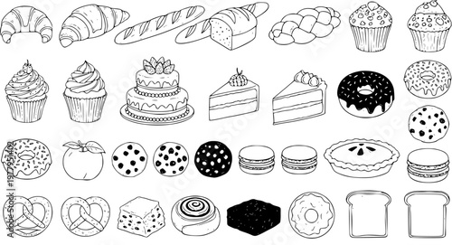 Bakery Goods Line Art: Pastries, Bread, Cakes, Donuts, Cookies, and Macarons Vector Illustration
