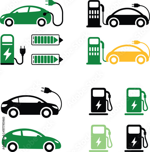 Electric car charging icon set with battery plug and station symbols for eco transport energy design