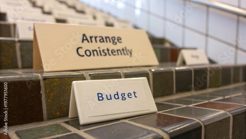 Signs on Stairs Displaying Words About Organization, Arranging Strategies, and Financial Planning in Modern Workspace Environment