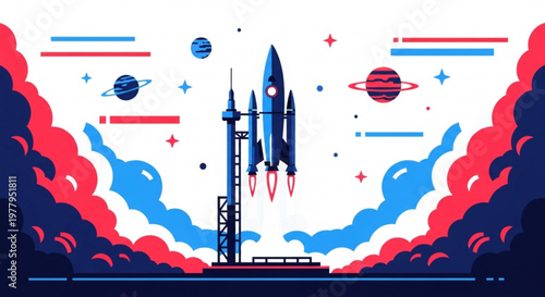 Rocket launching into space with planets and stars blue and red flames white background