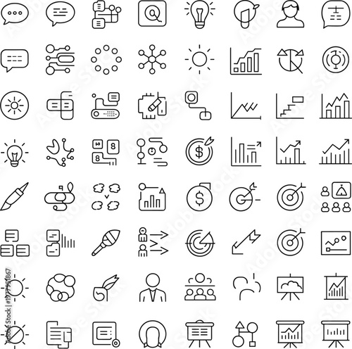 Business and technology line icon set with analytics communication finance marketing and innovation symbols for modern design