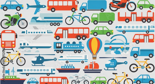 Collection of various colorful transportation vehicles and modes of travel.
