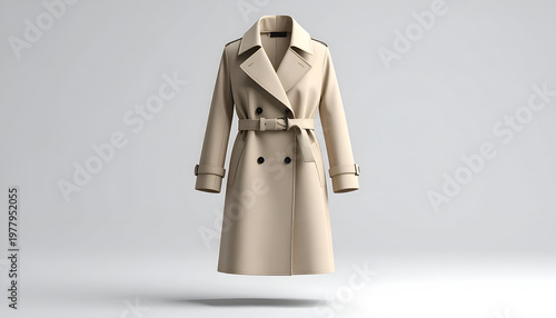 A light tan, double-breasted trench coat with a belt and shoulder epaulets, on a white backdrop