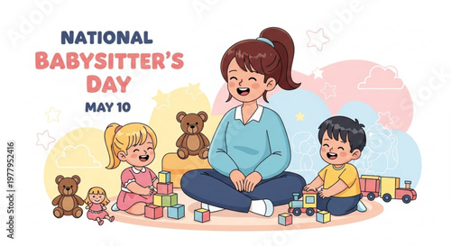 Babysitter and kids playing blocks and toys on the floor with teddy bears around national babysitter's day
