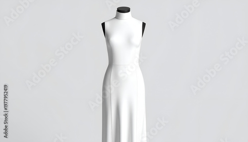 A sleek, white, sleeveless dress hangs on a black and white mannequin, centered, lit softly