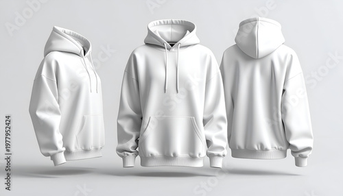 Three blank, white hoodies floating against a light grey backdrop, showcasing front, side, and back views