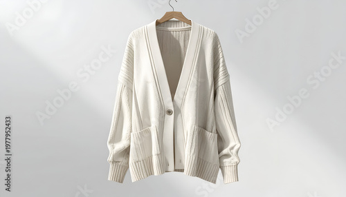 Cream-colored knit cardigan on a wooden hanger, soft light, shadow, product shot