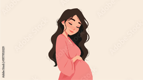 Illustration of a pregnant woman in a pink dress.