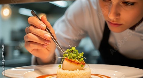Professional chef carefully garnishes a gourmet scallop dish with fresh herbs using culinary tweezers in a restaurant kitchen.