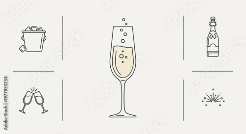 Champagne Glass with Bubbles and Bottle.