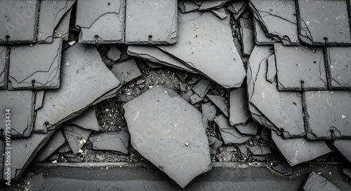 close-up of broken slate roof tiles showing significant damage deterioration and urgent need for building repair.