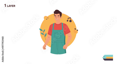 Man Wearing Green Apron Standing Confidently.
