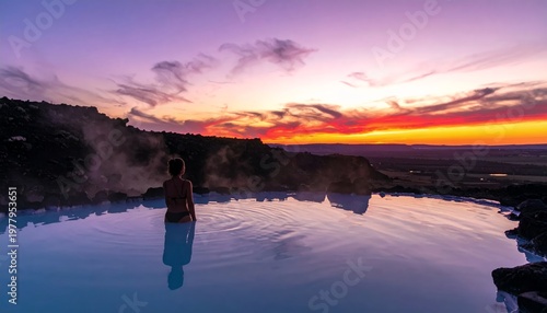 Woman enjoying a serene sunset in a geothermal hot spring in Iceland.
