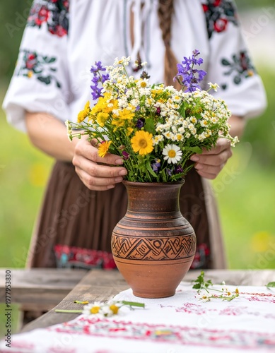 Woman in traditional attire arranging wildflowers in a clay vase.
