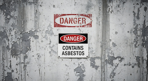 old industrial danger sign containing asbestos warning on a peeling painted wall highlighting hazardous material and health risk concerns.