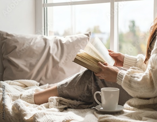 Woman Relaxing with a Book and Coffee by the Window.
