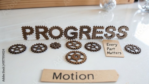 Wooden gears display with word progress and notes emphasizing motion highlighting importance of every part in a mechanism