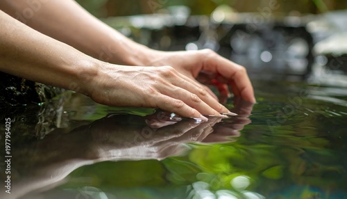 Womans Hands Gently Touching Serene Water Surface in Nature.