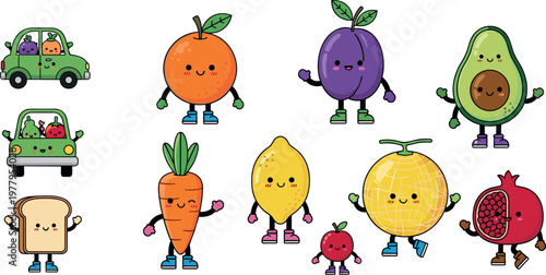 Cute fruit and vegetable character vector illustration set featuring kawaii food mascots with smiling faces including avocado orange lemon carrot