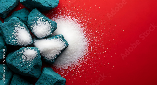 salt and teal rocks with white coarse salt scattered on a vibrant red background perfect for culinary and abstract mineral concepts.