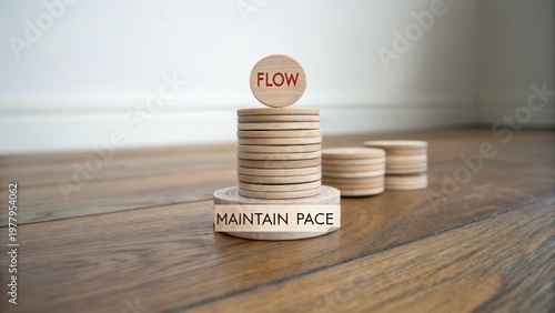 Wooden Disks Stacked on Table with Text Flow and Maintain Pace for Concept of Progress and Steady Development in Life or Business
