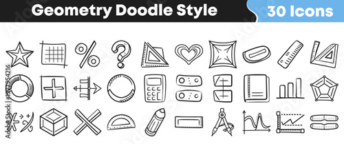 Hand drawn collection of thirty unique geometry doodle icons featuring mathematical shapes and various educational tools for creative design projects