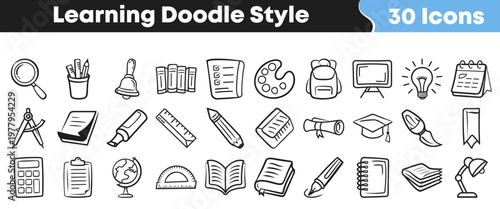 фотографія This collection of hand-drawn doodle style icons illustrates various essential tools and symbols for education, schooling, and academic pursuits