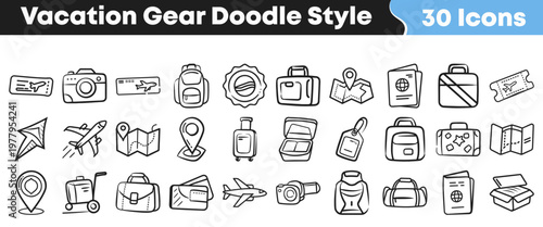 Set of hand drawn travel and vacation icons featuring various luggage items airplanes cameras and maps for creative projects
