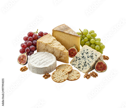 Gourmet cheese platter with brie parmesan blue cheese grapes and figs on white background