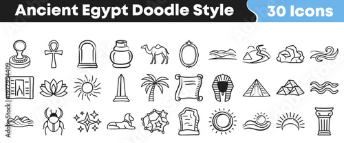Set of hand drawn vector icons depicting various cultural symbols and historic elements related to the civilization of ancient egypt