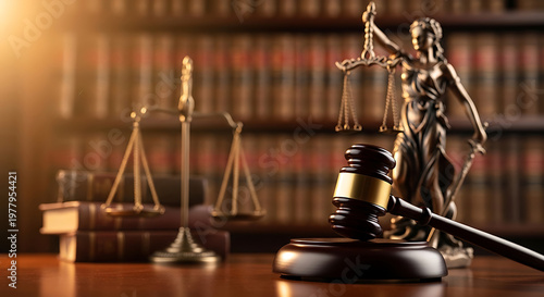 a judges gavel and lady justice statue with scales on a desk representing law justice and legal practice in a library.