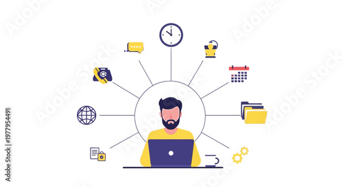 Vector graphic illustration of a man working on laptop with various productivity icons surrounding him, representing organization and efficiency in a modern workspace design.