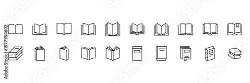 Book line icons set. Open brochure, magazine, literature, dictionary, audiobook, learning, encyclopedia education, information reference vector illustration. Outline sign for library. Editable Stroke
