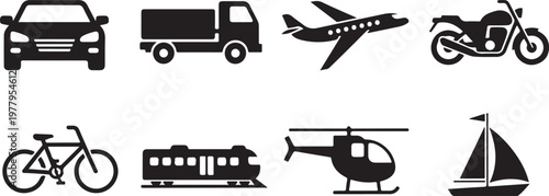 Black and white line of various vehicles and transportation modes line vehicles truck
