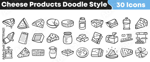 A collection of doodle style icons depicting various cheese products and dairy items for culinary and food-related designs.