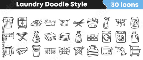 Charming collection of thirty hand-drawn laundry icons in a playful doodle style, perfect for household chores and cleaning projects.