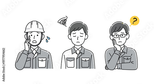 Three workers with expressions of concern and uncertainty in a vector graphic illustrationworkers, concern, uncertainty, vector, illustration, graphic, design, men, expressions, worried, puzzled, thin
