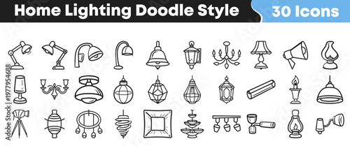 Set of hand drawn doodle icons featuring various home lighting fixtures and lamps for interior design projects and graphic applications