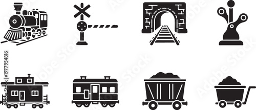 Black and white of vintage vehicles and transportation symbols vintage car classic car old truck steam locomotive