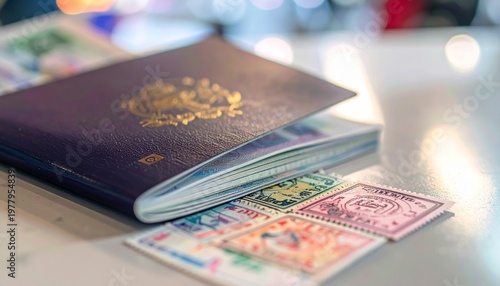 Passport with travel stamps on table.