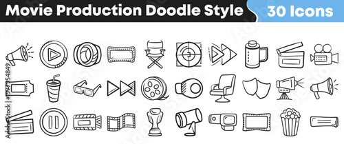 Hand drawn collection of thirty different movie production icons featuring film equipment and cinema elements in a sketch doodle style