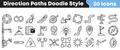 Hand drawn collection of thirty different direction path doodle style icons designed for business strategy and creative navigation map projects