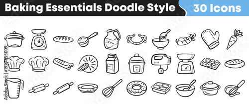 This set of hand-drawn baking essentials and kitchen tools in a charming doodle style provides perfect graphic icons for culinary projects.