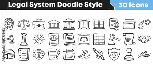Thirty hand drawn legal system icons featuring various law and justice elements in a charming and clean doodle style set